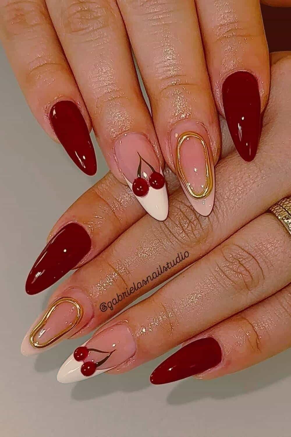 If you love a statement manicure, these 3D cherry nails are about to become your new obsession! Featuring sculpted cherries, golden designs, and ultra-glossy finishes, this look takes cherry nail art to the next level. Perfect for anyone who loves extra details and Instagram-worthy nails.