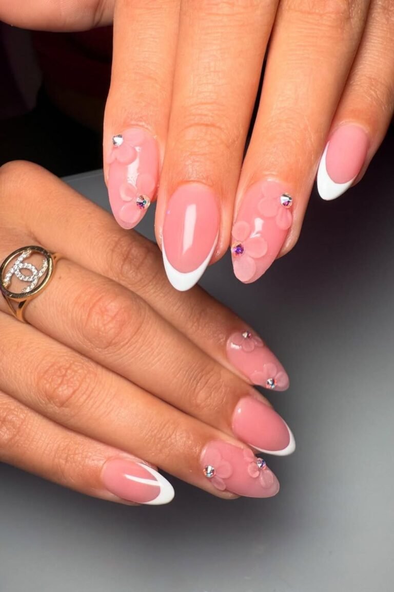 Layer some tiny 3D florals with crystals for a mani that’s basically prom jewelry for your hands.