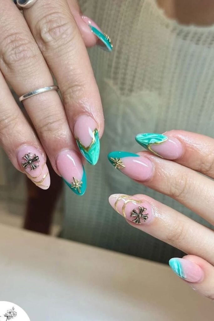 Minty green marbled into French tips