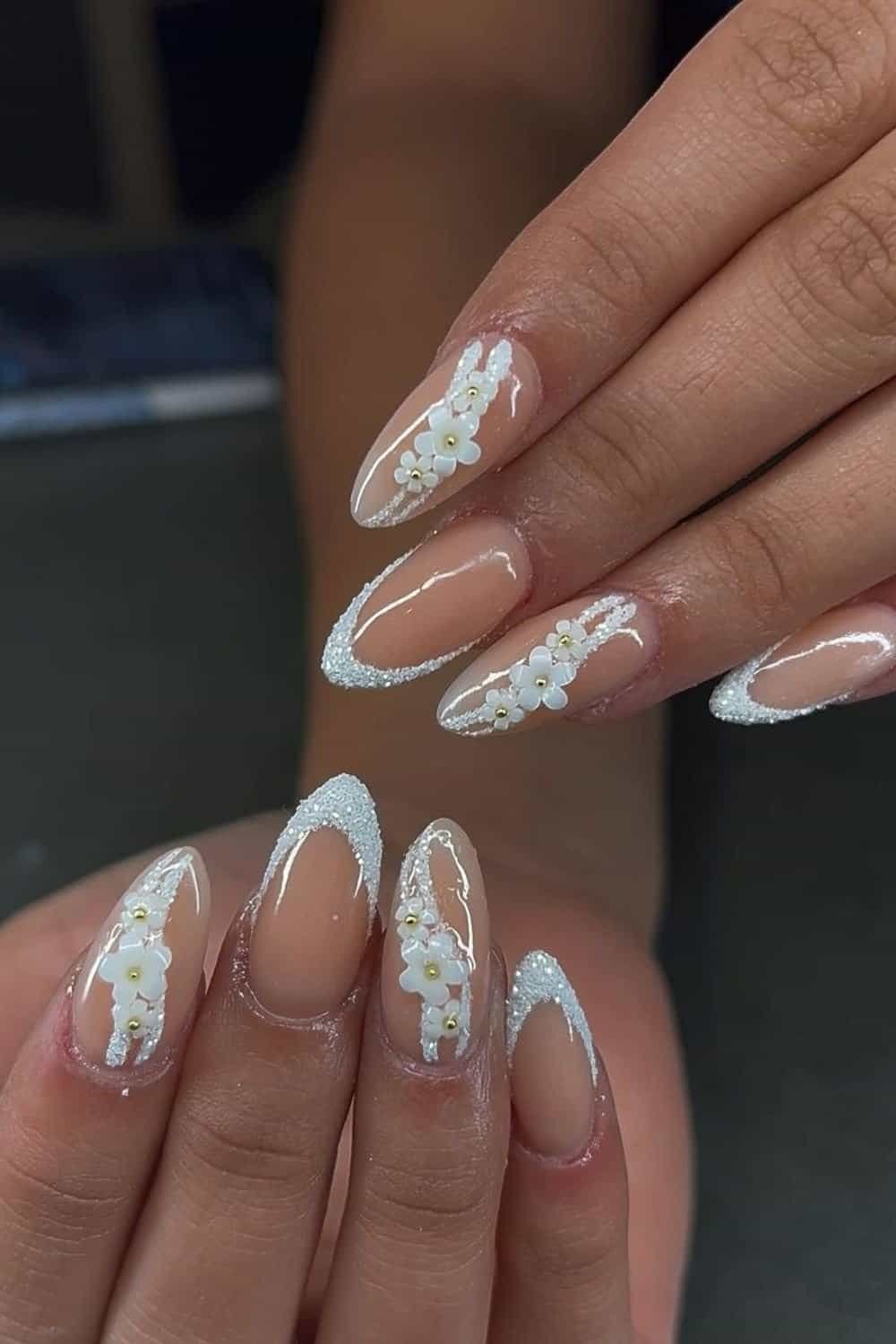 Think soft white swirls + floral accents = sophisticated, but still fresh prom nail idea
