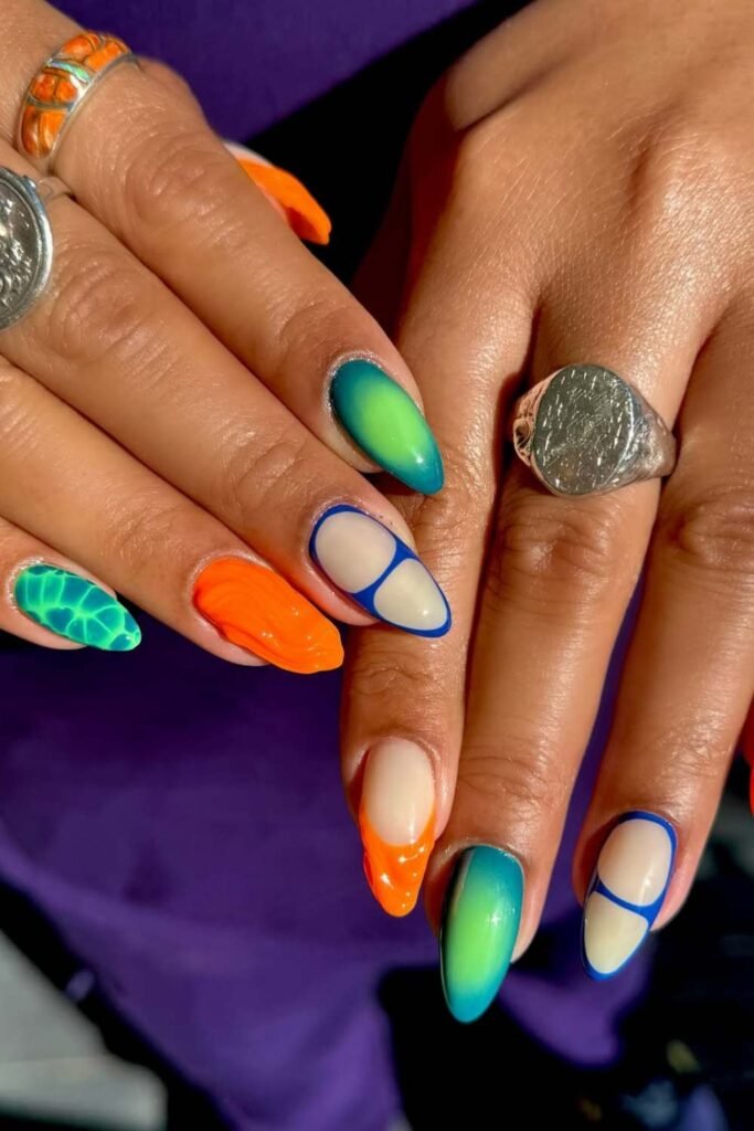 Geometric neon summer nail art with gradients.