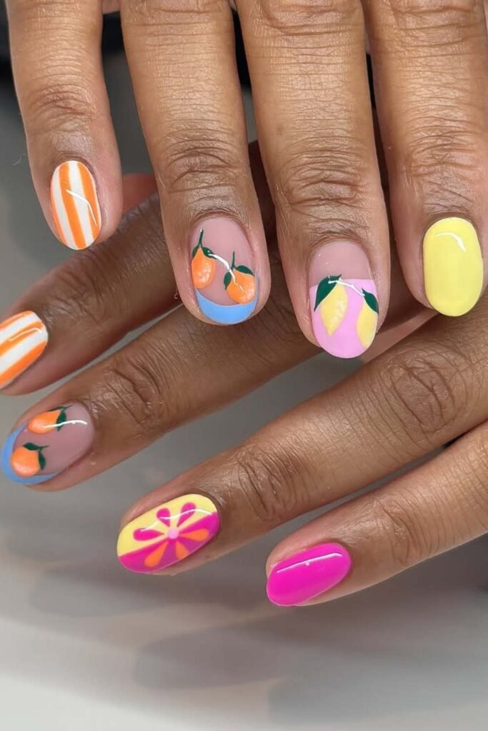 Bright citrus art on pink base summer nails.
