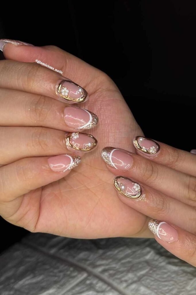 Sparkly French manicure with fine glitter tips on nude nails, ideal for wedding nails, bridesmaid.