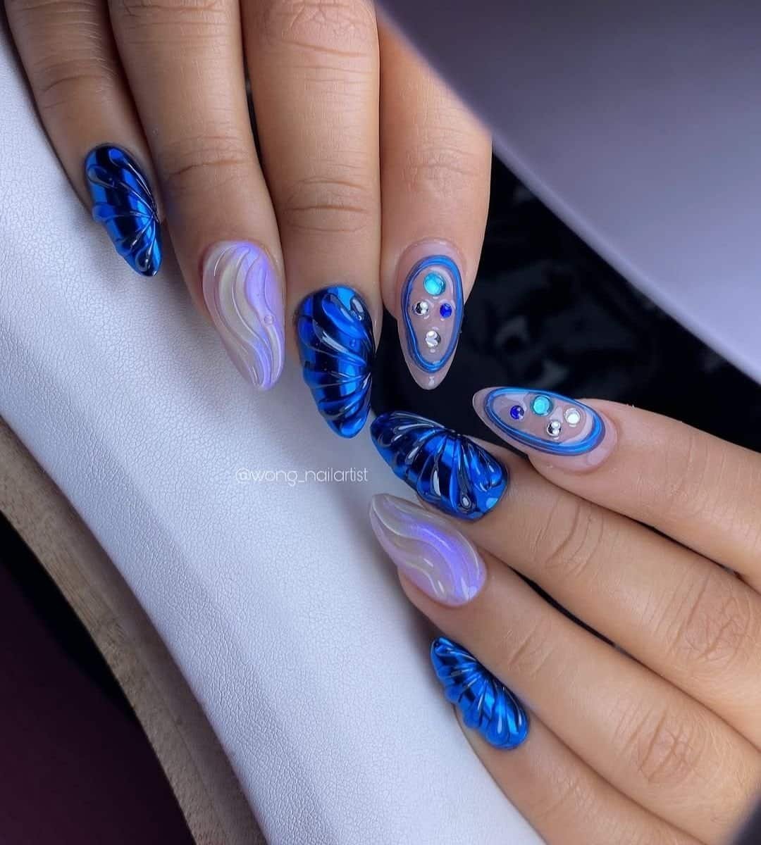 3D Blue Nails with Mermaid Accents