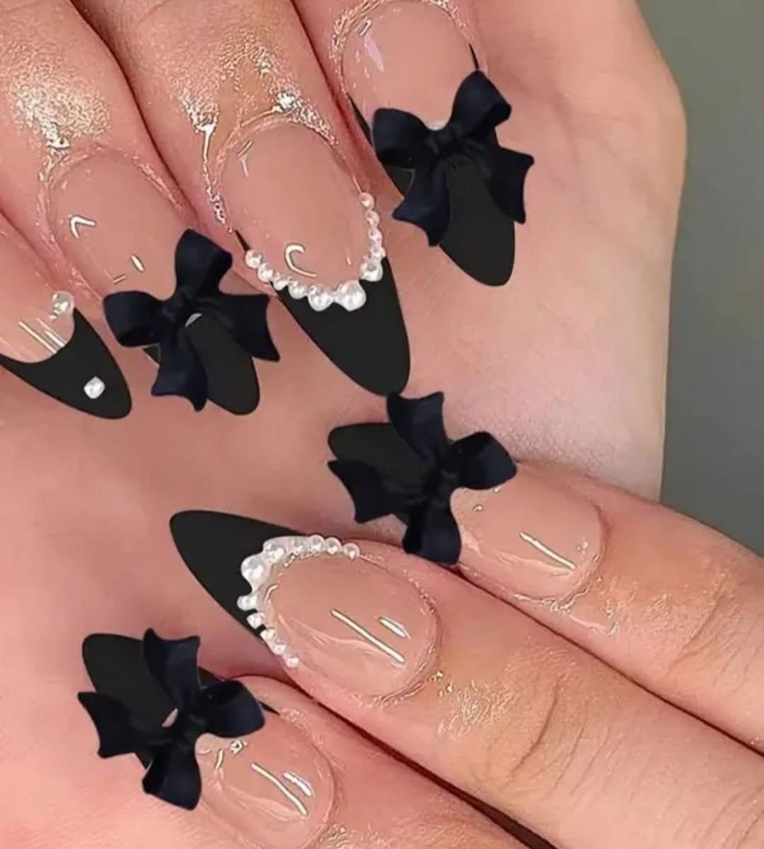 3D Bows + Pearl Black Matte Nails with nude base
