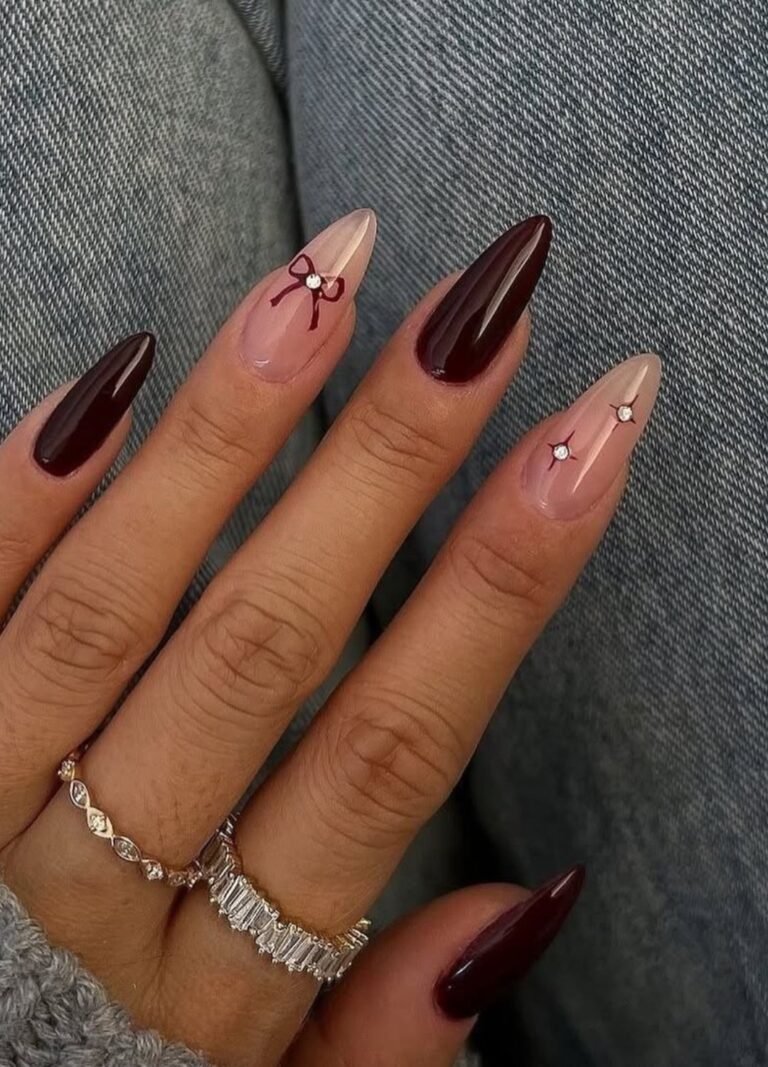 Autumn Brown with Bow & Star Pearls Fall Nails