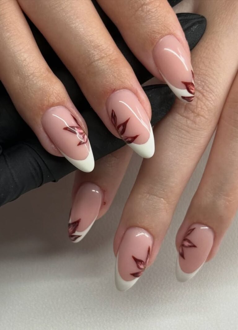nude bases with dark red autumn florals graced with white tips. 