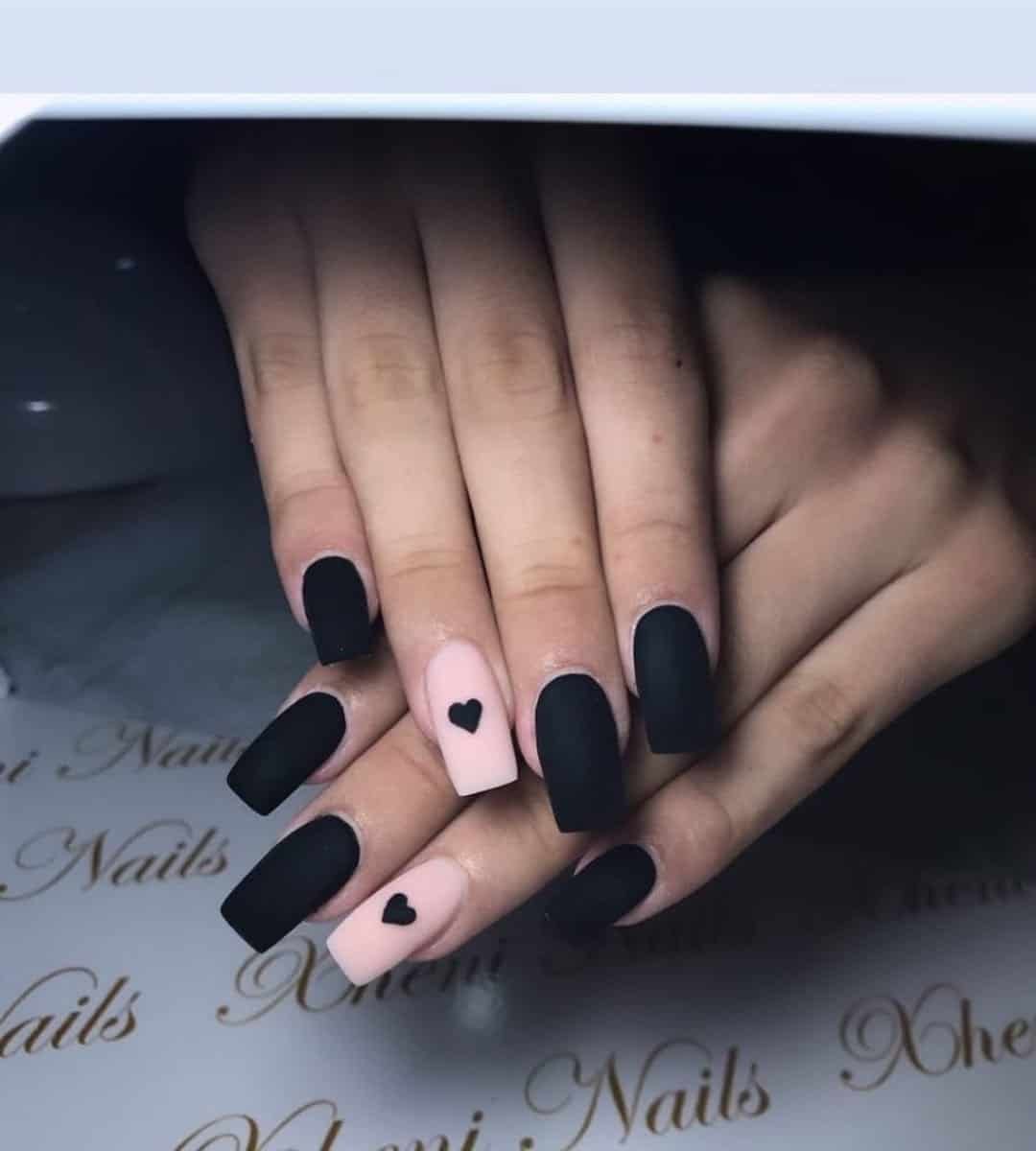 Black Matte & Heart Square Nails