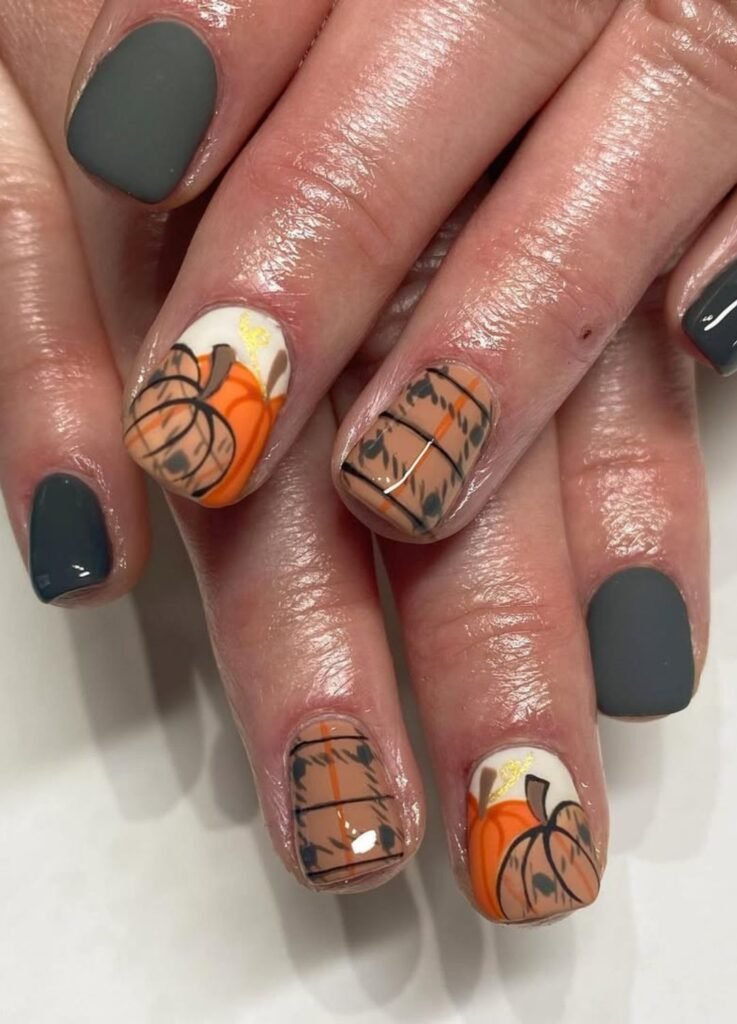 this design gives Halloween-meets-Thanksgiving vibes in the best way. A matte deep green base sets the stage for bright orange and brown pumpkin accents