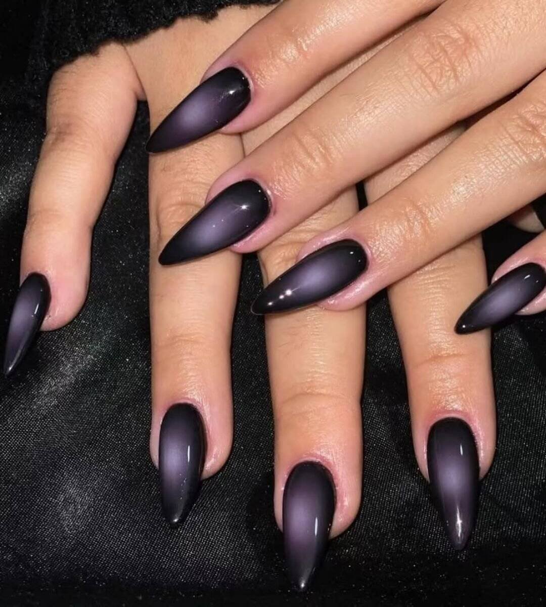 Black & Purple Cat Eye Chrome Nails