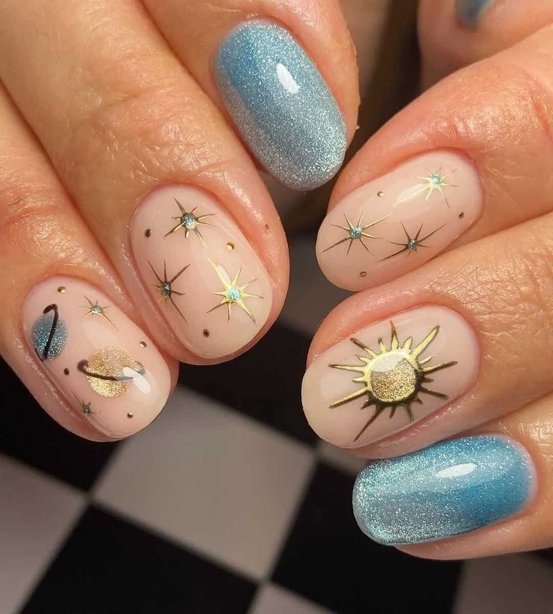 Blue Cat Eye Nails with Little Golden Space Outline