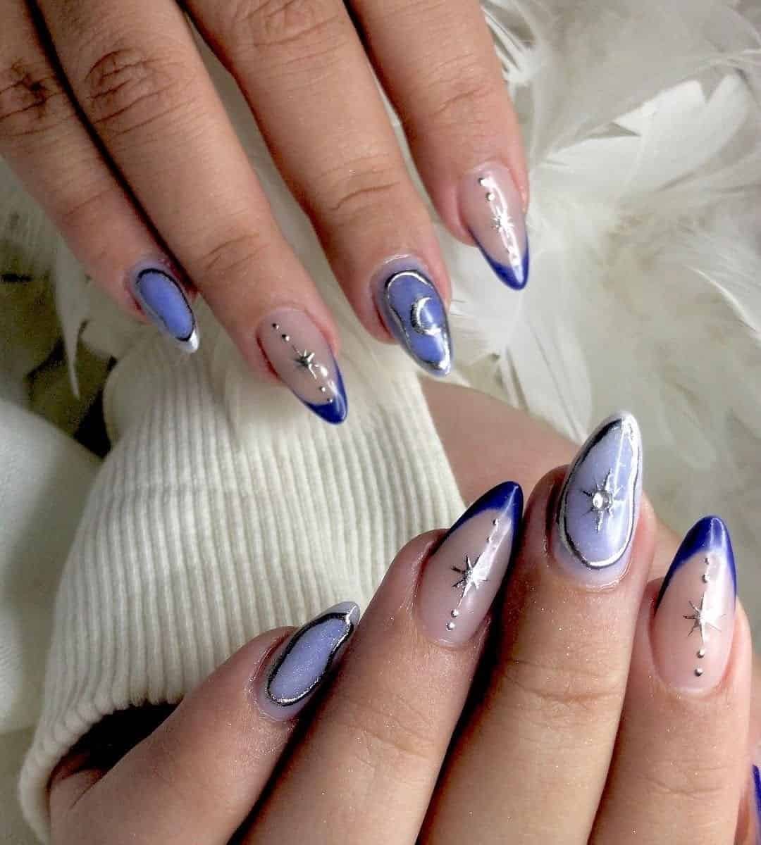 Blue French Almond With Silver Stars & Accents