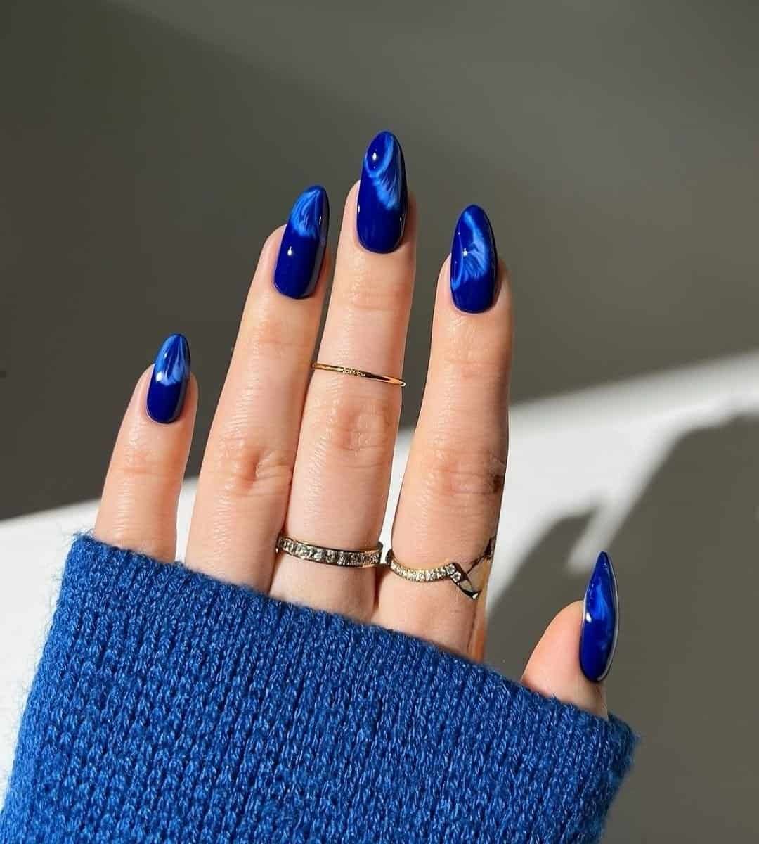 Blue Glossy Marble Nails