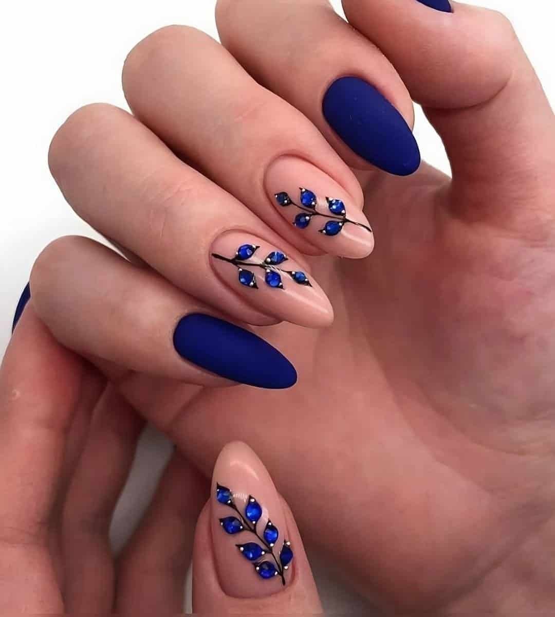 Blue Matte Nails & 3D Leaves