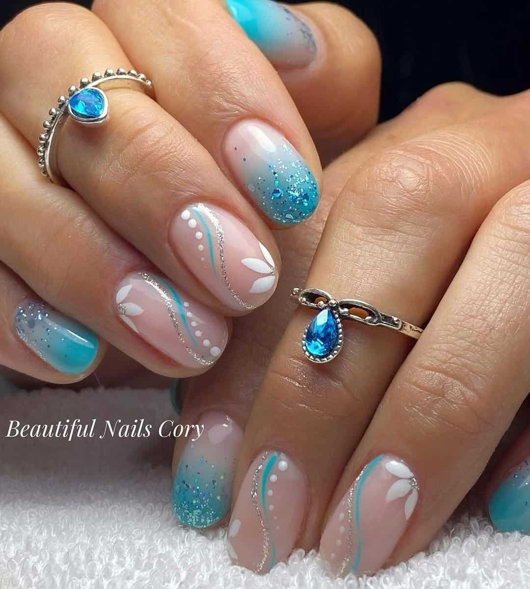 Blue Ombre Nails and Swirls