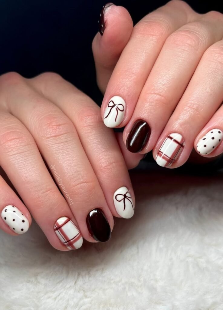 A white base gets dressed up with dainty polka dots, and the other with brown bows that feel festive but not too loud.
