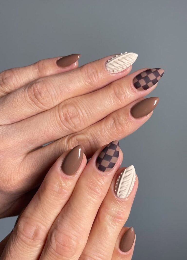 mani with checkered patterns and sweater-inspired textures