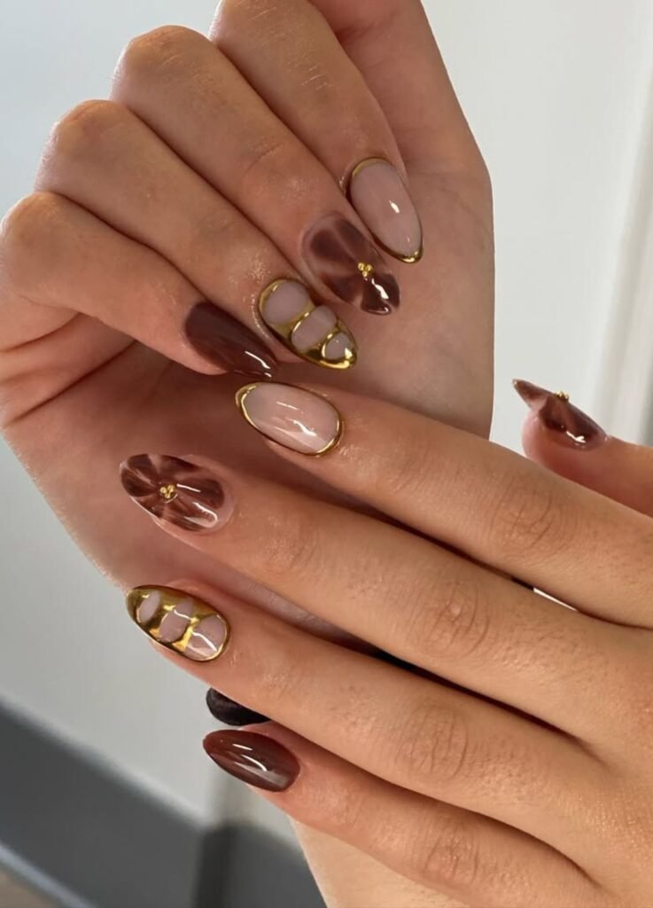 Brown & Gold Chrome Accents Nails
