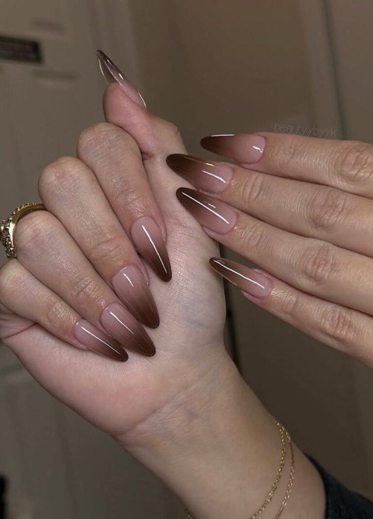 brow nails art featuring A dreamy combo of ombré and French tips in deep brown to soft nude tones