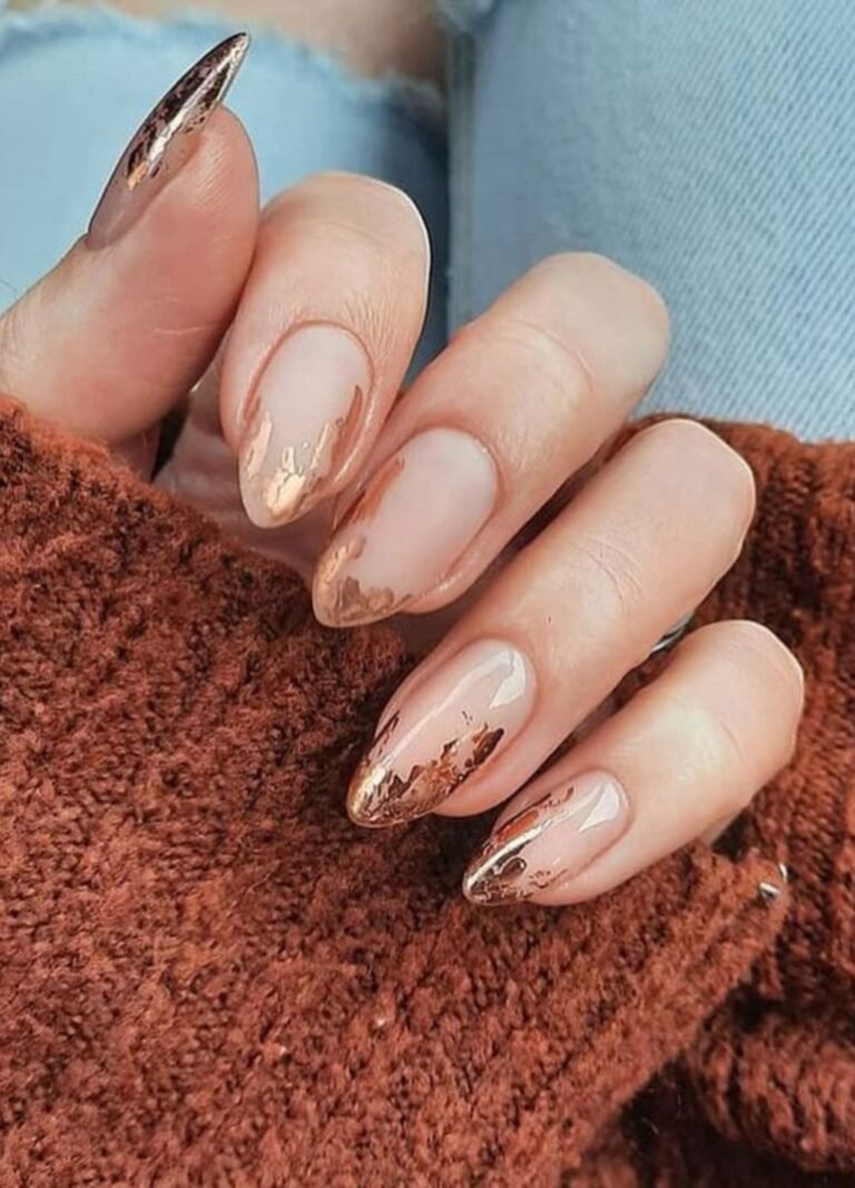 Image of Chic Nude With Golden Foil Tips Nail Art Design