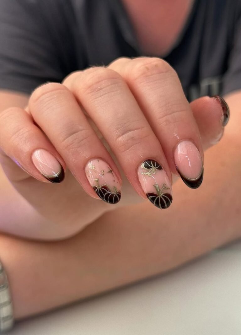 Brown Nails featuring Chocolate brown French tips paired with adorable pumpkin accents all on a nude base