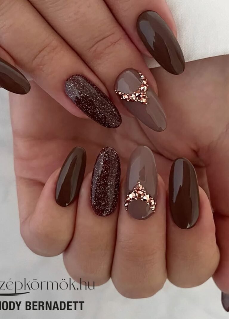Chocolate Brown with Golden Accent Nail Art