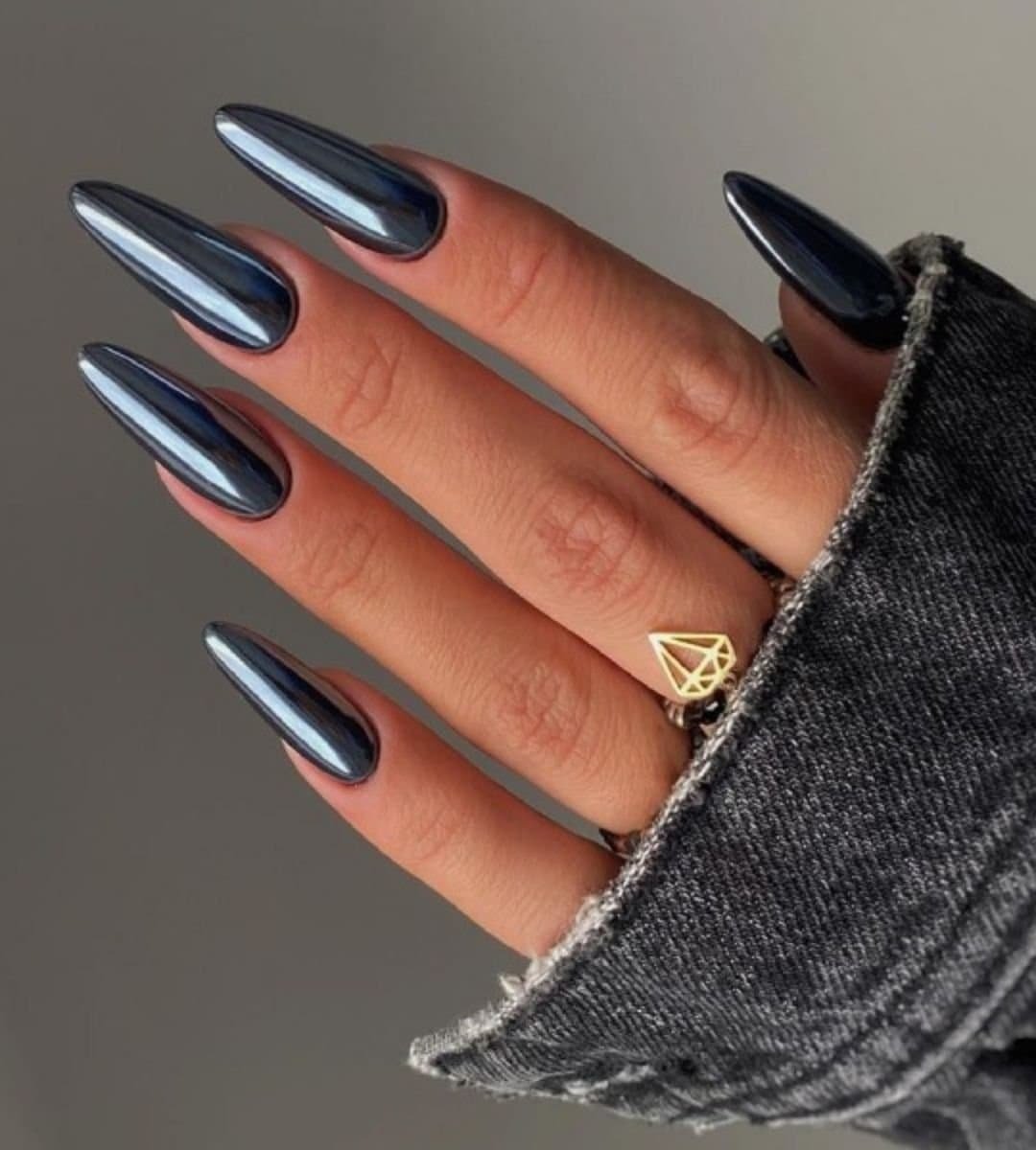 Chrome Black Almond Nails