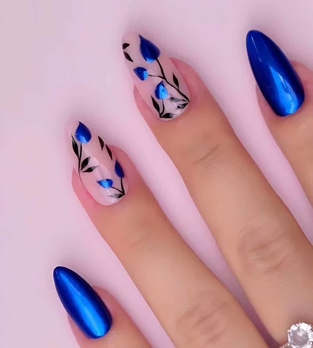 Metallic Blue Chrome Nails & Floral