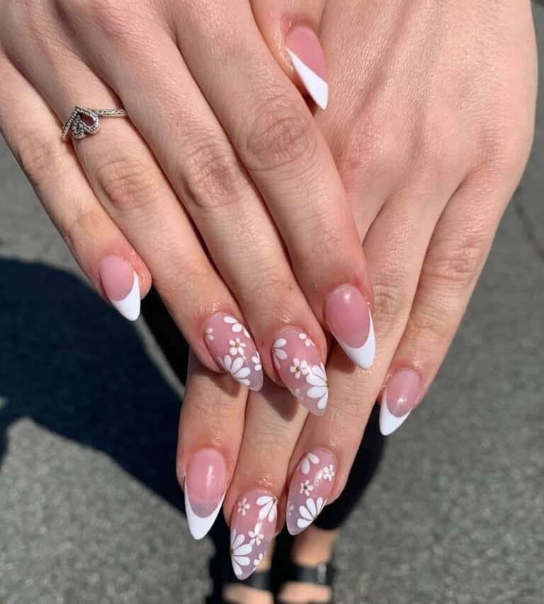 Classic White Floral & French Nails