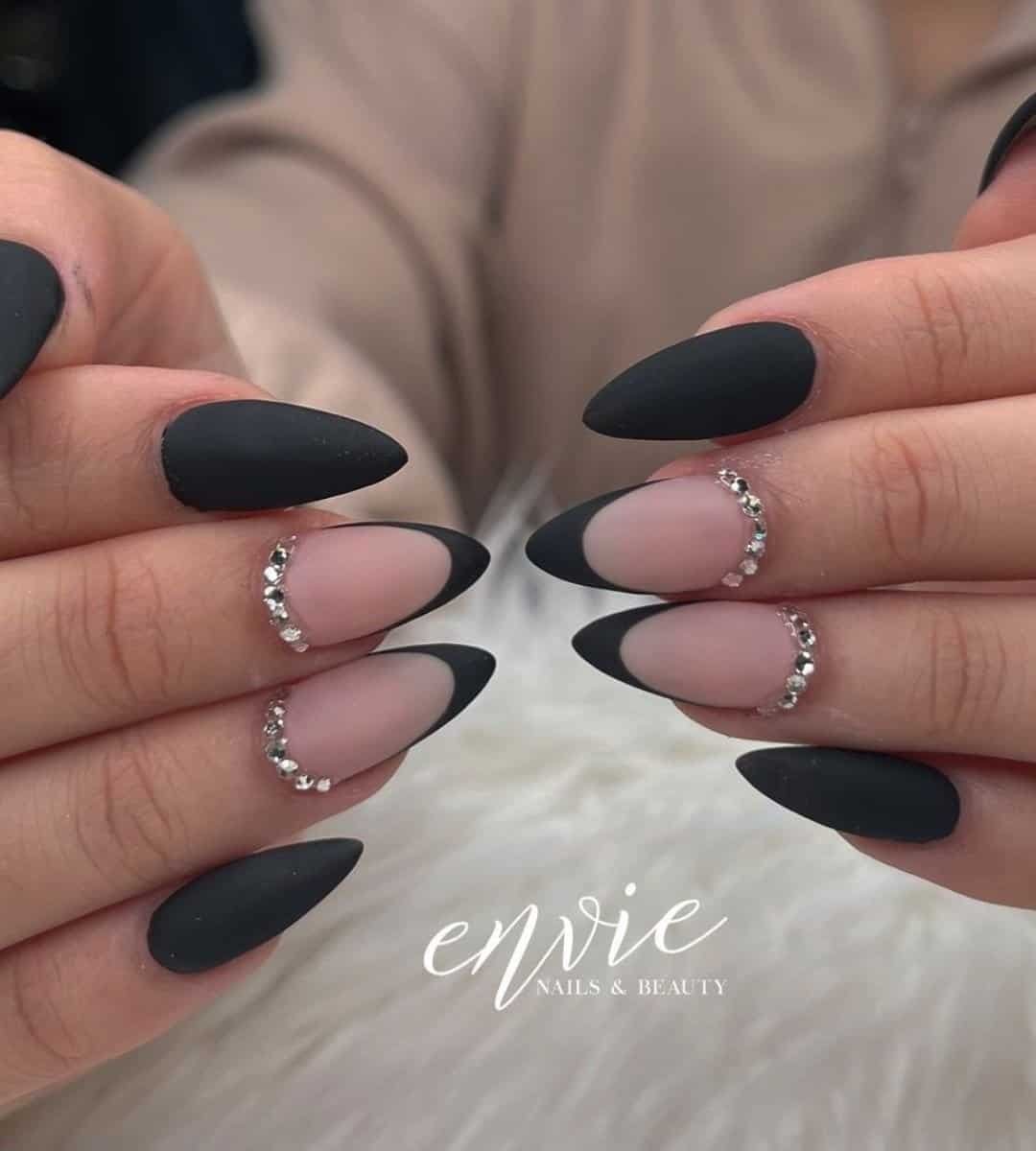 Crystal French Black Matte Nails with Pearly Base