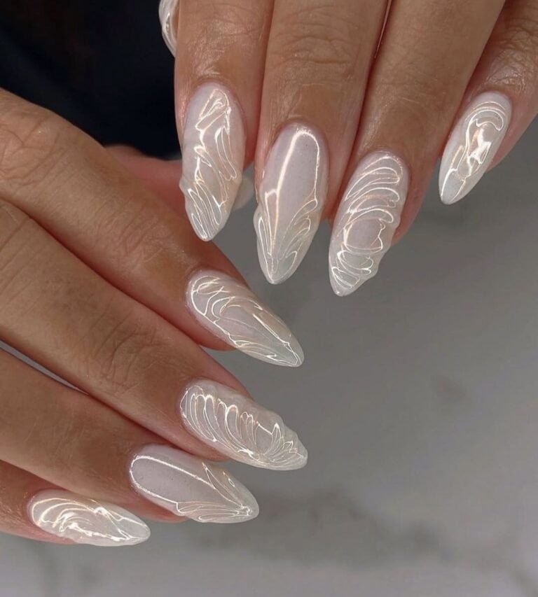 Crystal Milky White 3D Swirls Nails