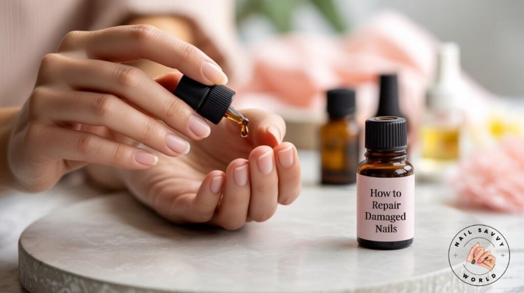 Woman applying cuticle oil to nails as part of a daily nail care routine for stronger, healthier nails.