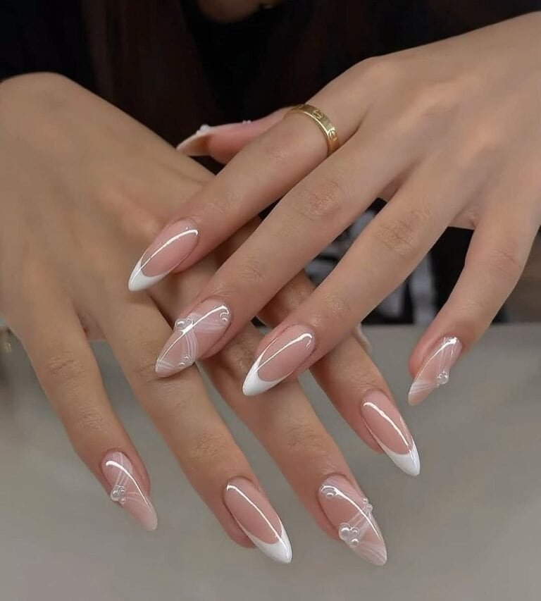 Elegant White French & Pearls Nails