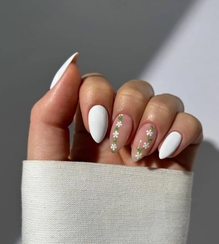 Elegant White with Daisy Chain Nails