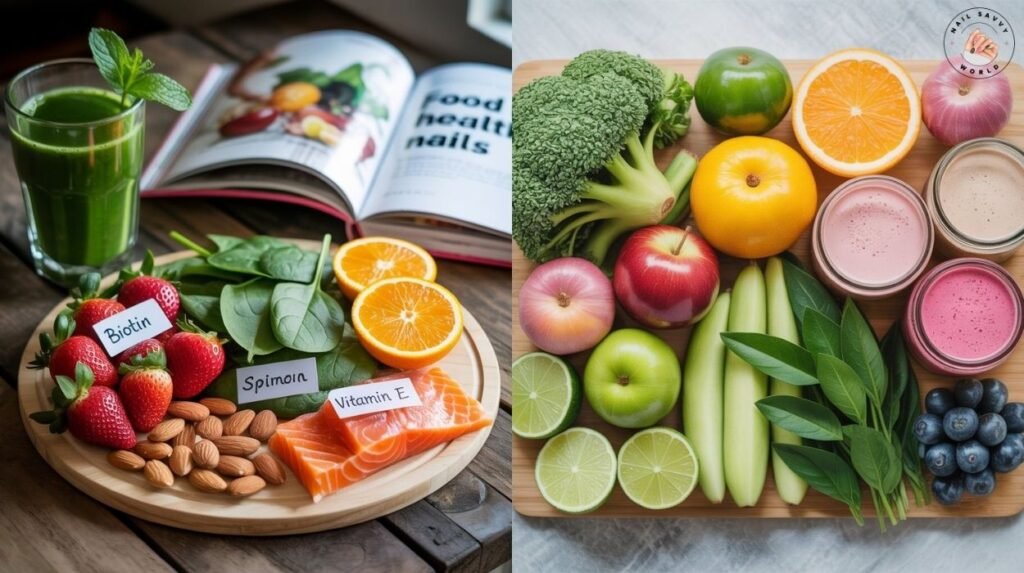 Food for healthy nails grocery list with salmon, avocado, spinach, eggs, almonds, and berries for stronger nails and glowing skin