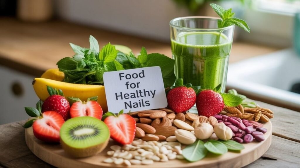 Food for healthy nails with essential vitamins and minerals — salmon, spinach, eggs, almonds, blueberries, avocado, biotin, vitamin C, and zinc for stronger nails and glowing skin.