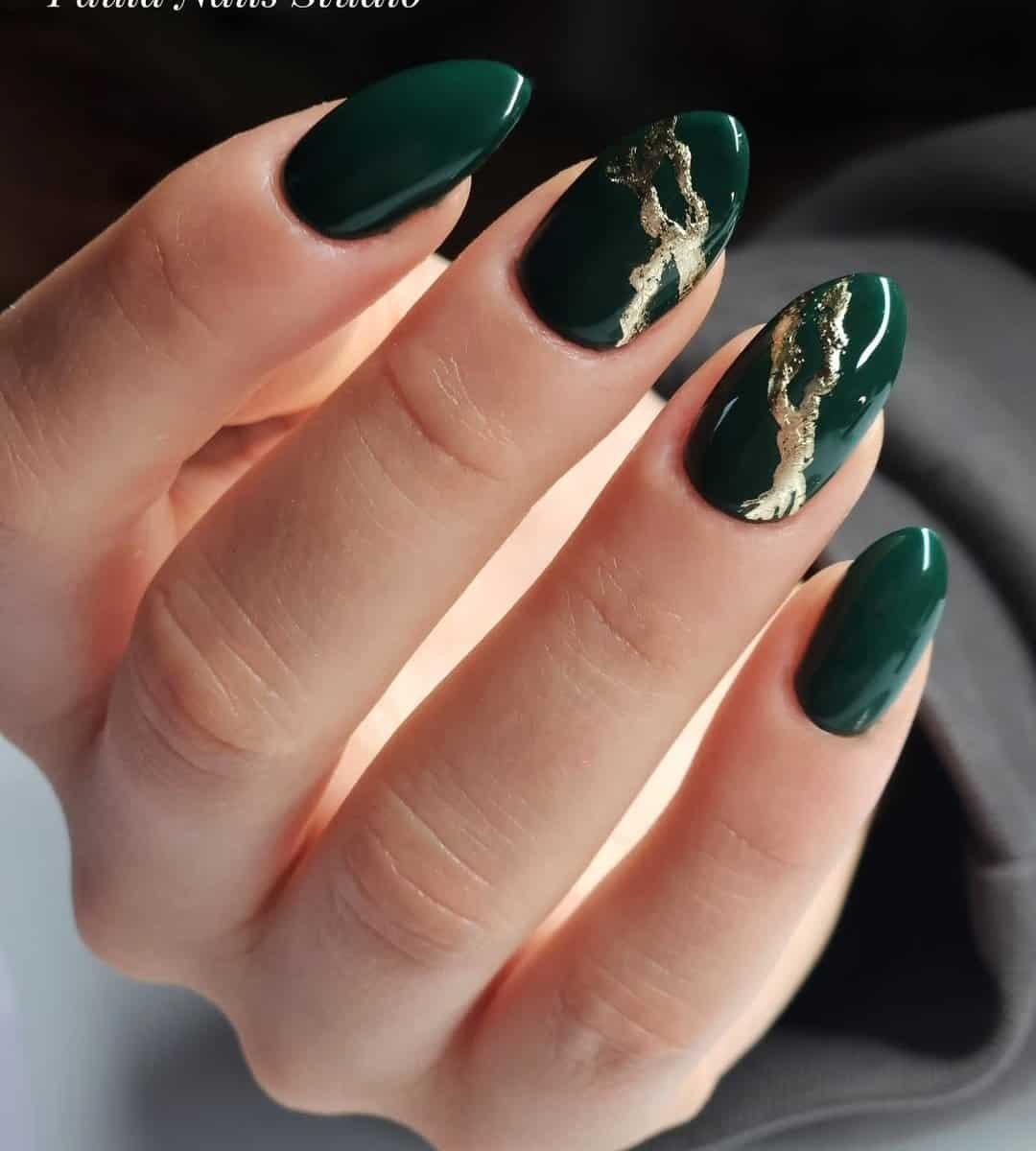 Forest Green Nails with Marble Foils