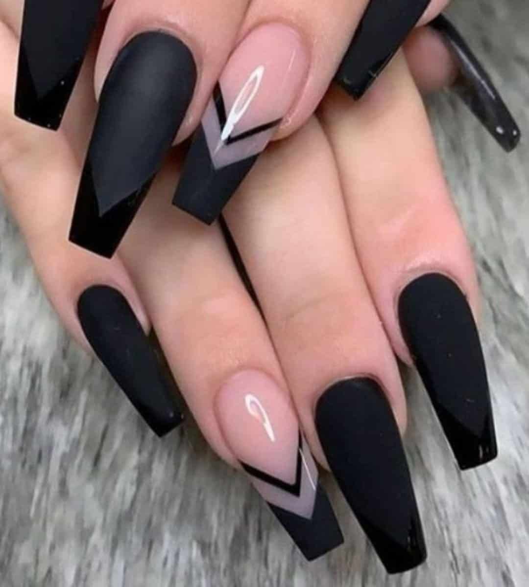 Black Nails With geometric design and coffin shape