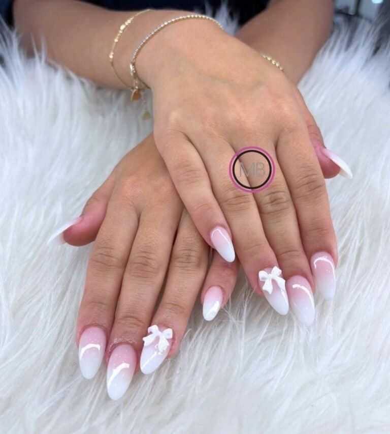Girly Dreamy White Ombre Nails with Bow