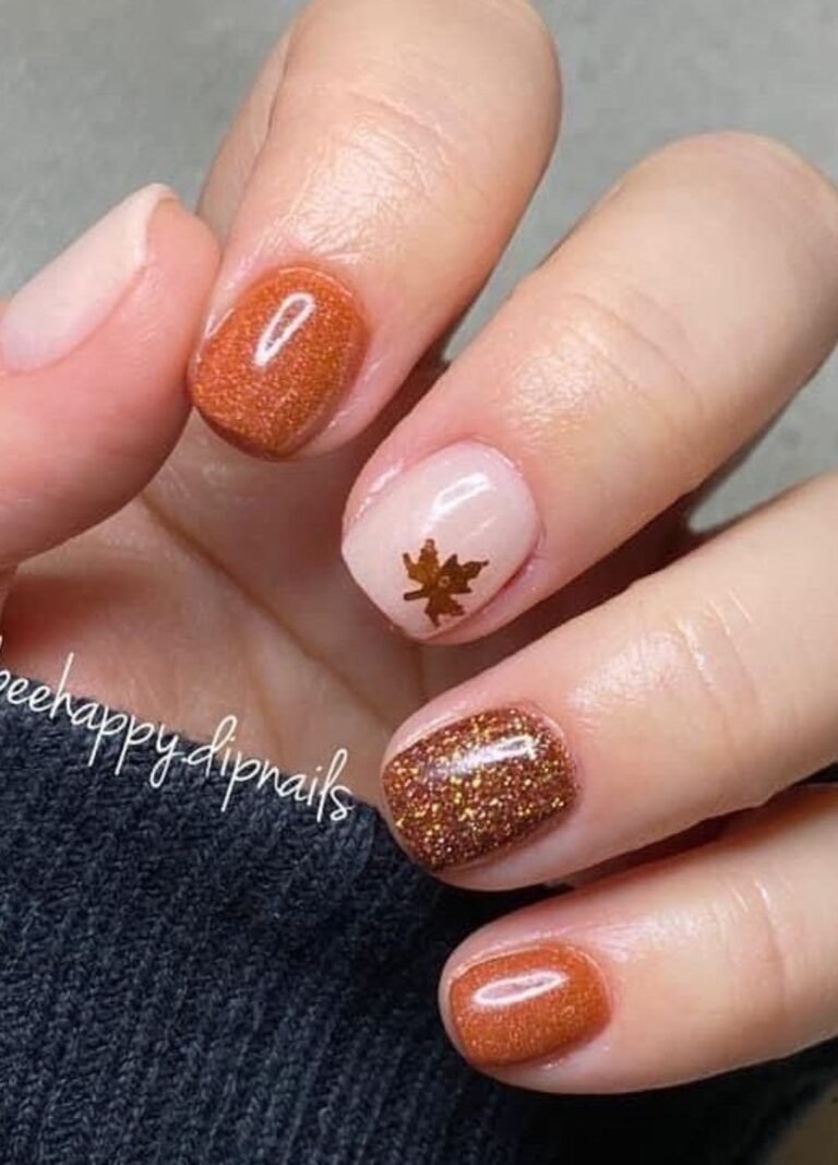 Classic Glittery Fall Leaf Nails