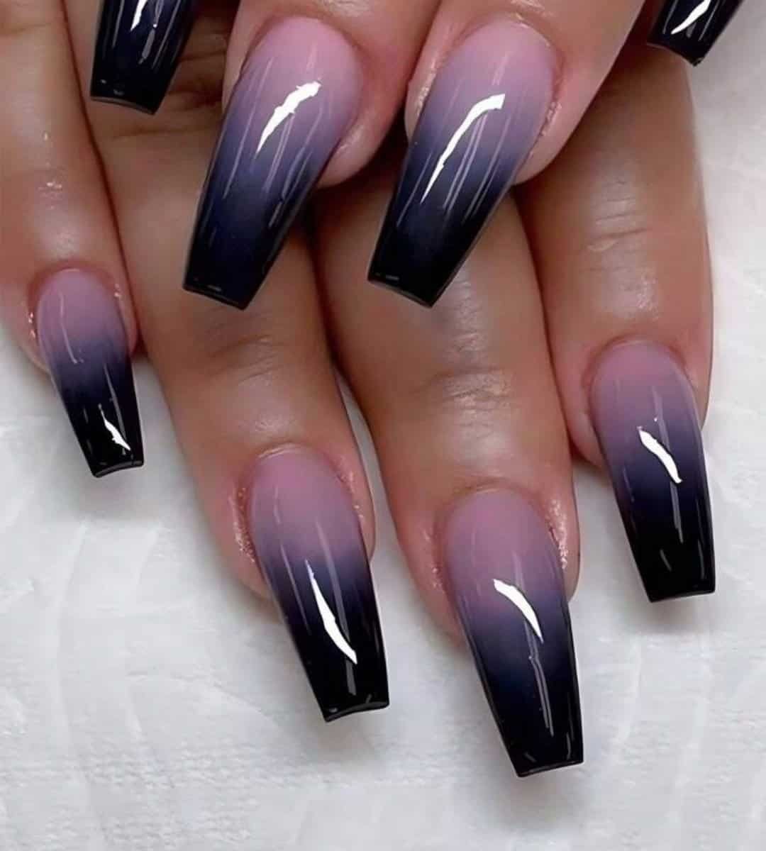 Glossy Black & Pink Ombre Gradient Coffin Nails