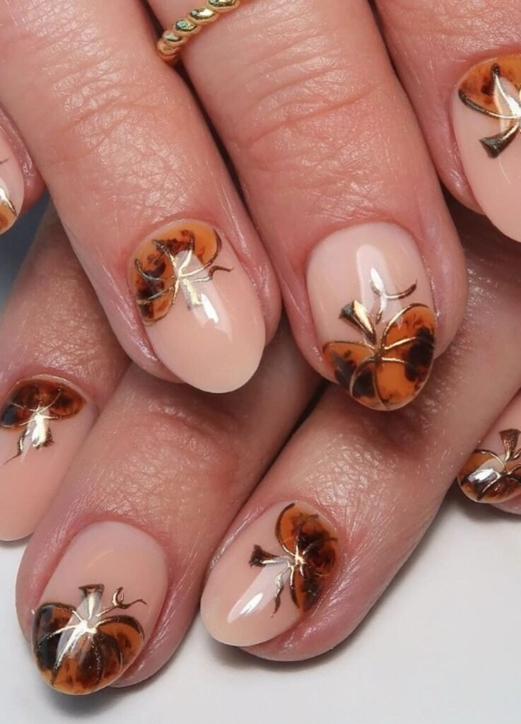 Thanksgiving nails featuring warm nude base topped with metallic golden, brown and orange pumpkin tips that glisten like Thanksgiving décor.