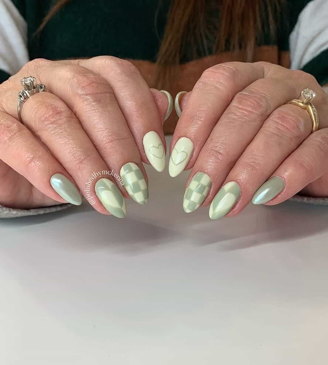 Green Checkered Nails with Heart Outline