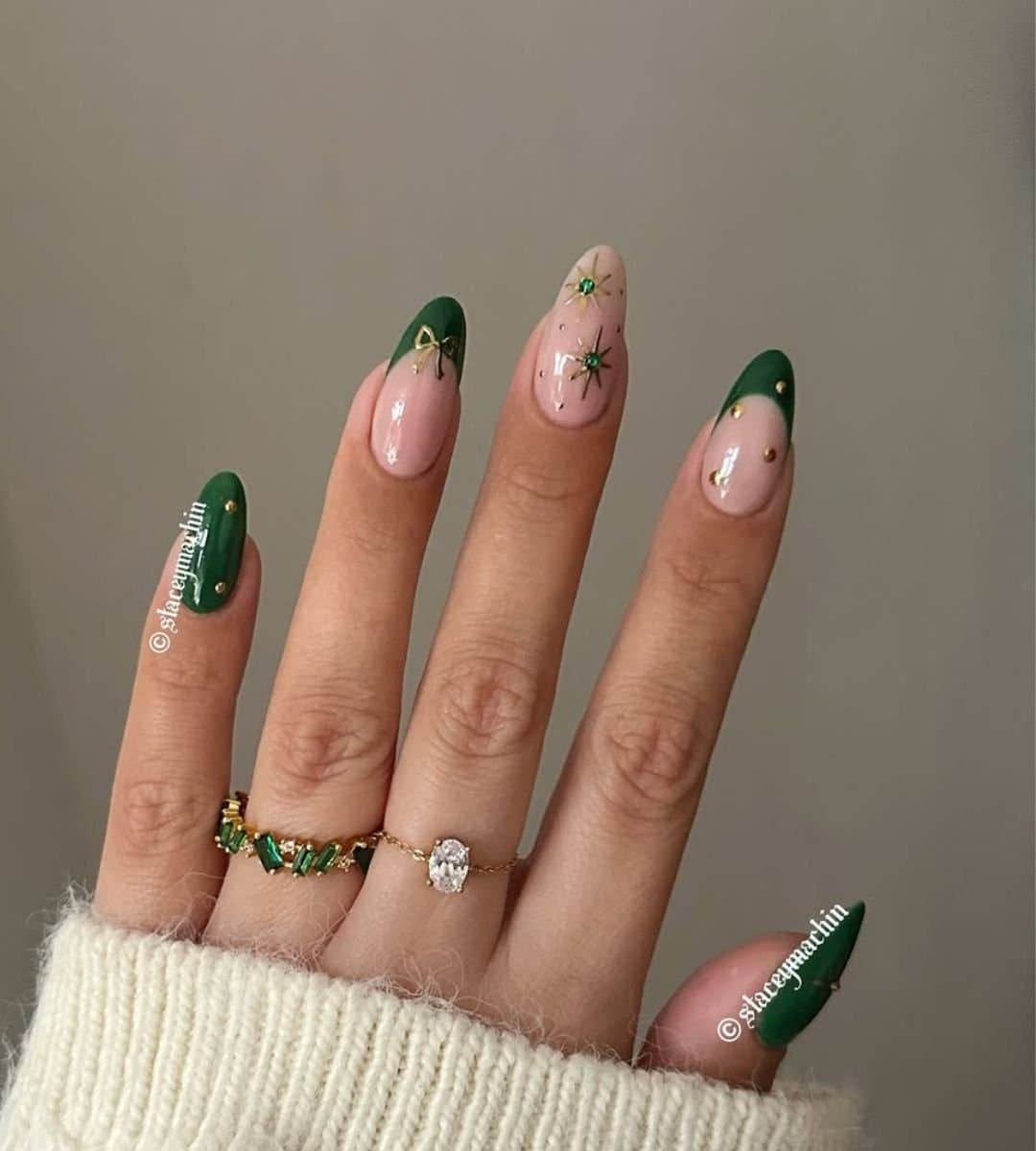 Green French Nails with Christmas Accents