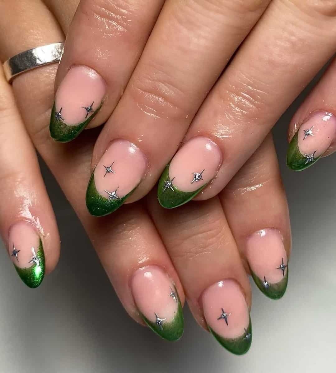 Green French & Silver Stars Chrome Nails