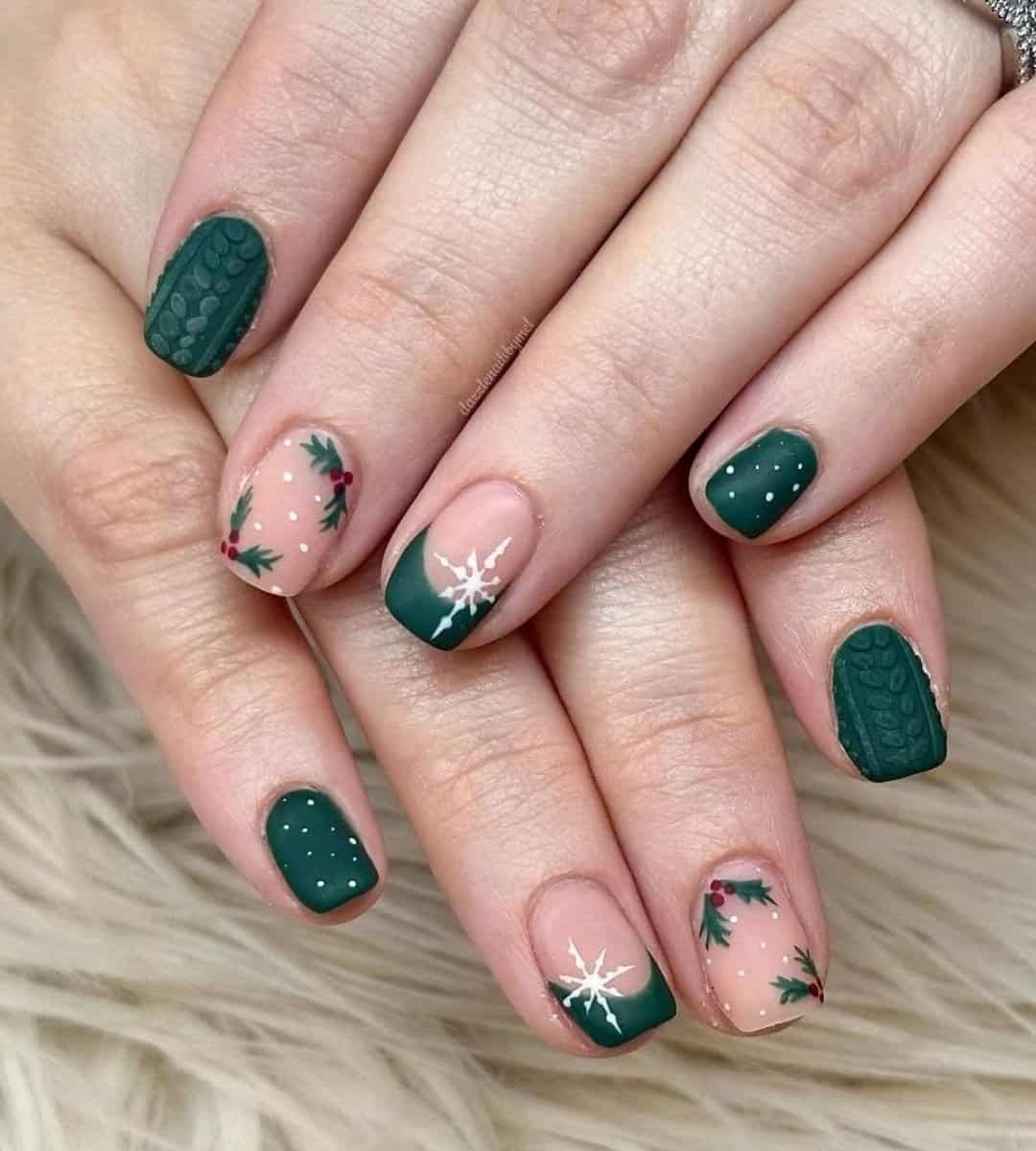 Green Matte Holly & Sweater Christmas Nails