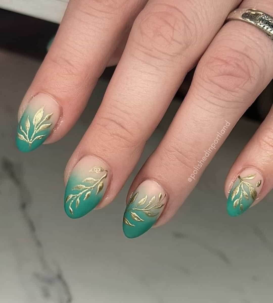 Green Ombre Tips Nails with Golden Leaves