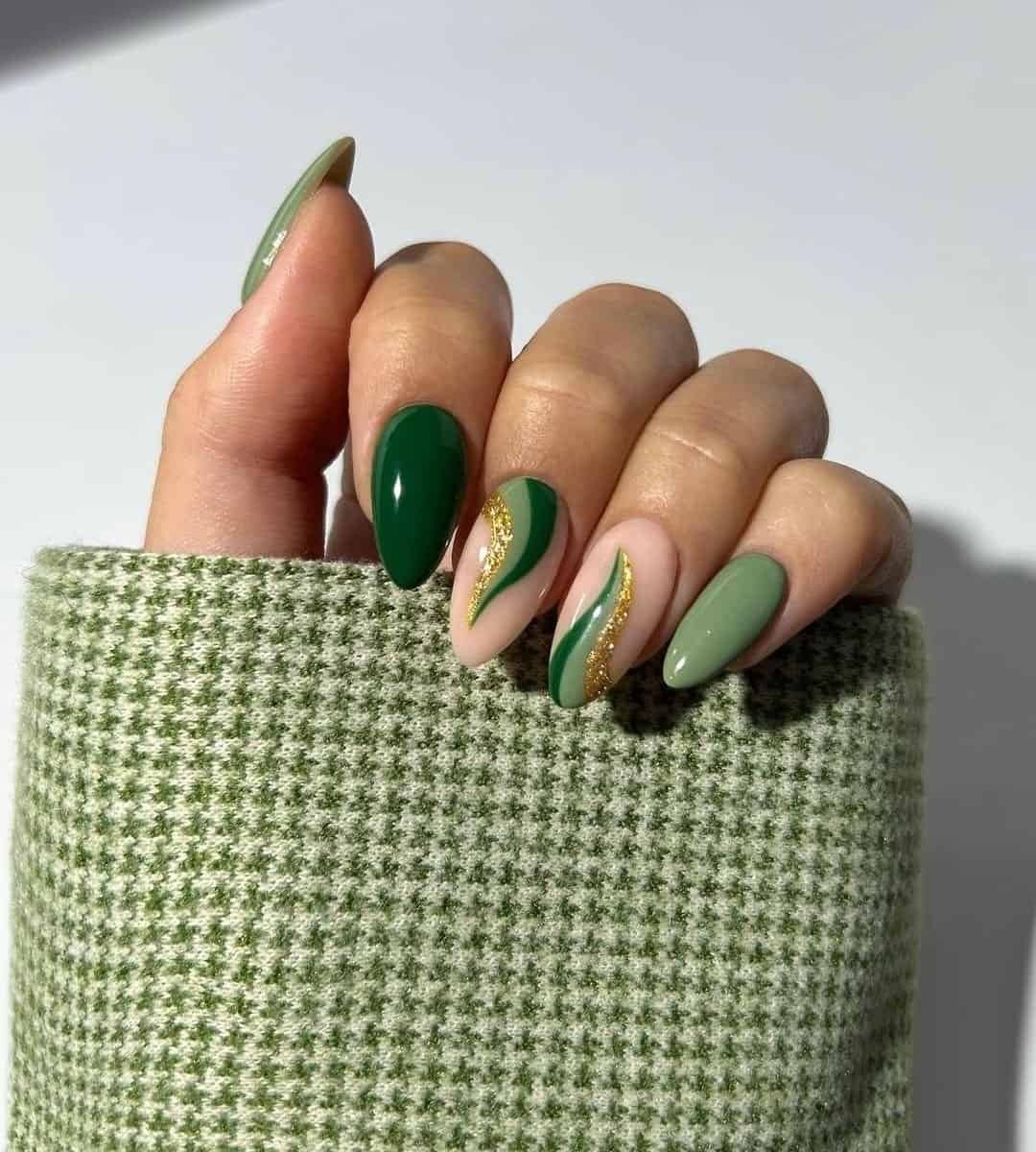 Green Swirls with Glitters Mani