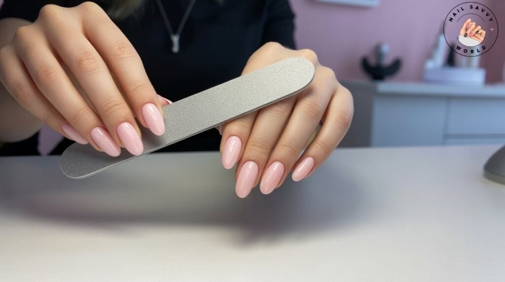 how to file almond nails shape natural at home with glass nail file for elegant elongated tips