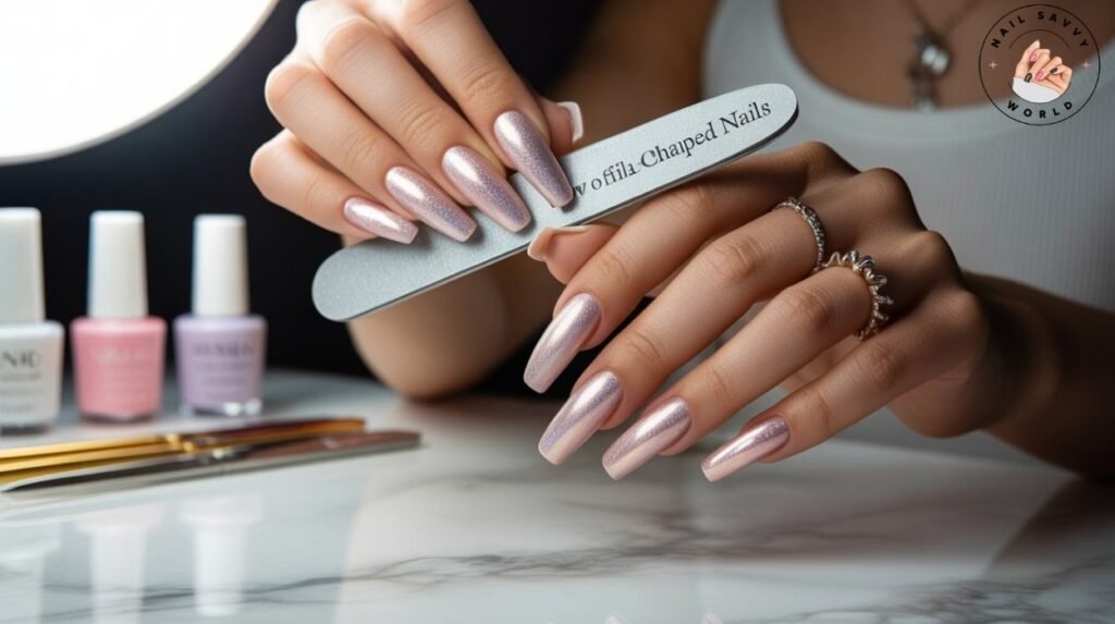 How to file coffin shaped nails — close-up of nude coffin nails with flat tips and tapered edges, showing the bold and trendy nail shape.